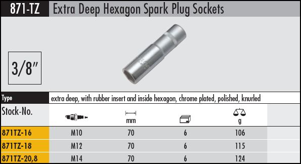 871-TZ 16,0 Spark Plug Socket $ 21.02.